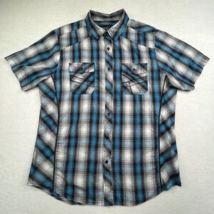 Chalc brand men's Large Short-sleeve Button-down Plaid Shirt blue black white
